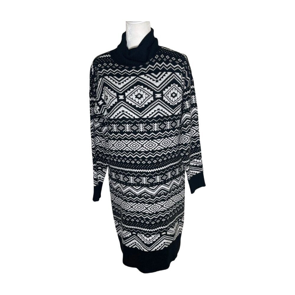 Loft Women's Mini Sweater Dress Fair Isle Turtleneck Black White Size Small